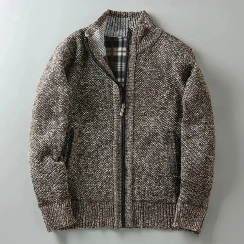 Millstone textured knit sweater in earthy tones, slim-fit full-zip fleece-lined pullover with ribbed cuffs