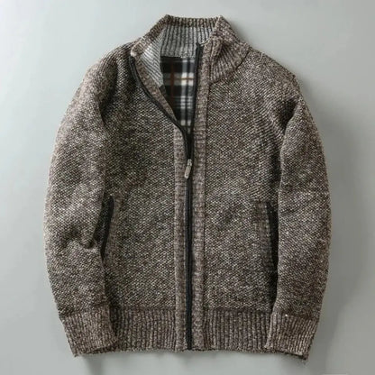 Millstone textured knit sweater in earthy tones, slim-fit full-zip fleece-lined pullover with ribbed cuffs