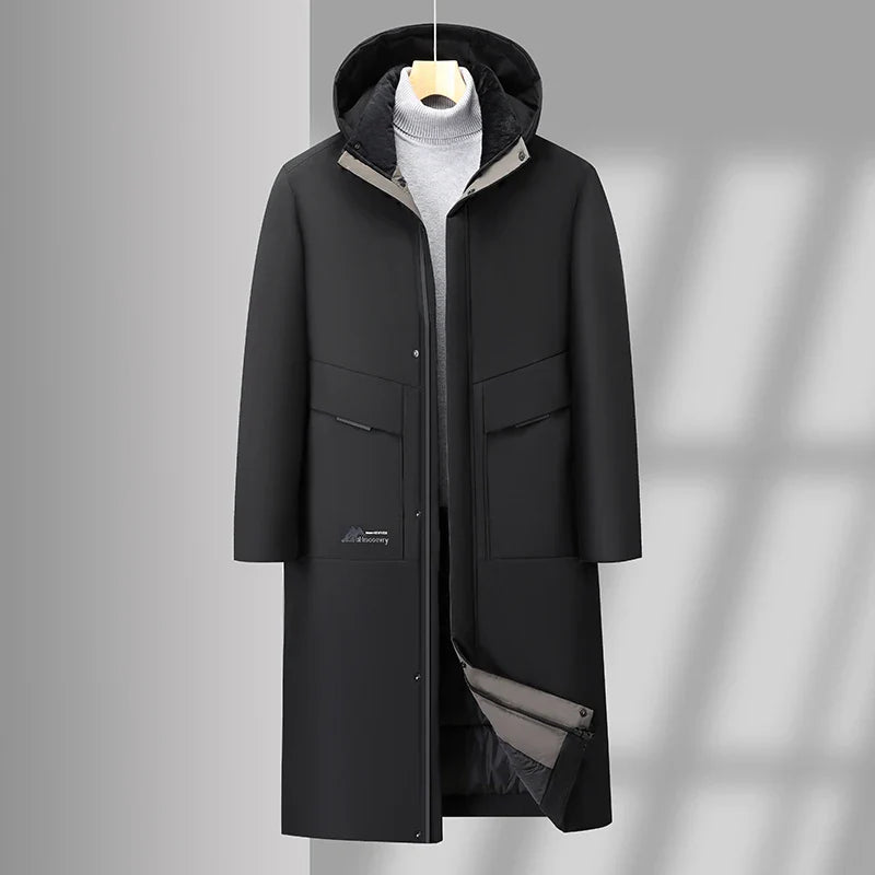 Roma modern down trench coat in sleek matte finish with full-zip closure and tailored minimalist silhouette