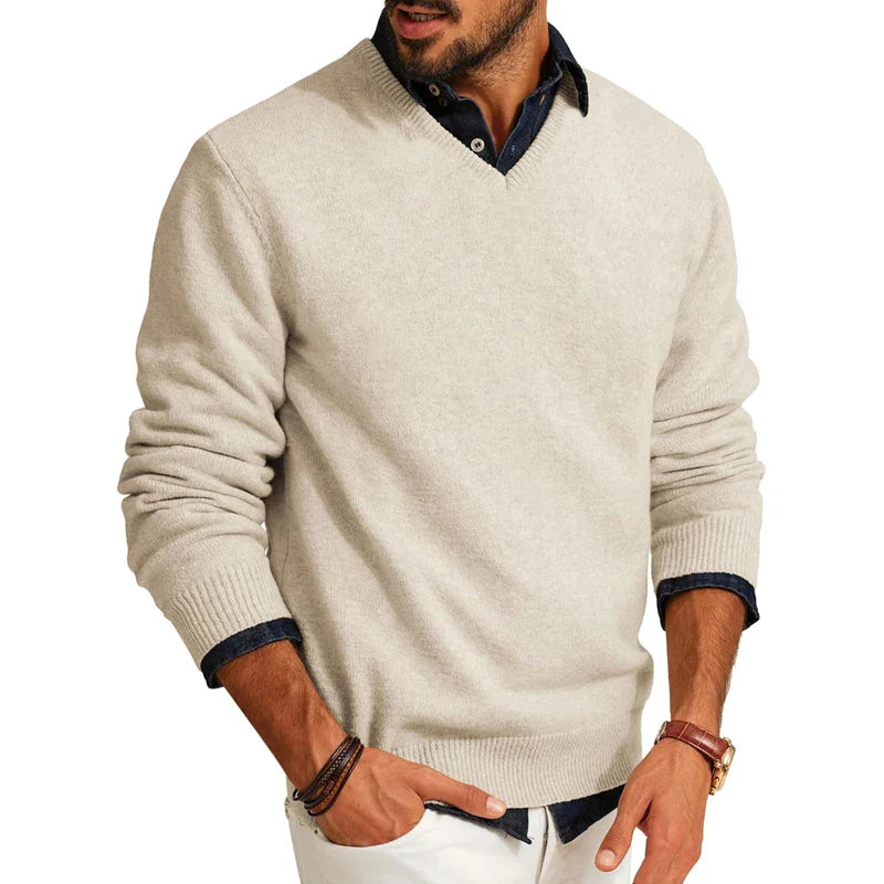 Men's lightweight wool blend knit sweater in neutral tone, versatile crewneck for casual to professional wear