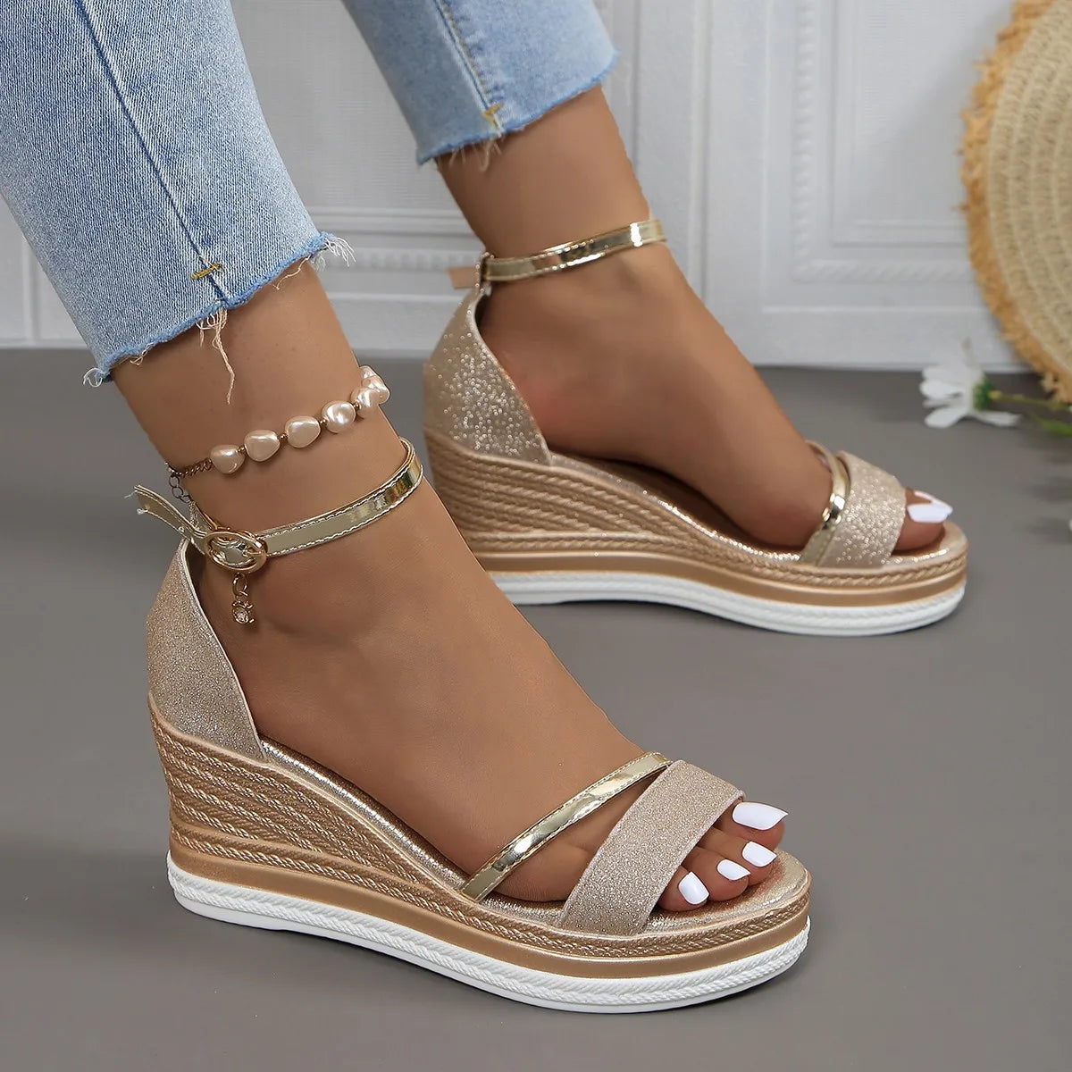Women's beige comfort cushioned sandals with contoured footbed and elegant supportive sole design