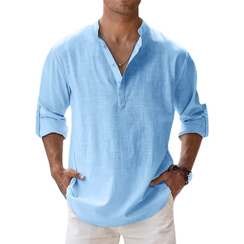 Men's beige lightweight cotton-linen Henley shirt long sleeve casual fit three-button placket