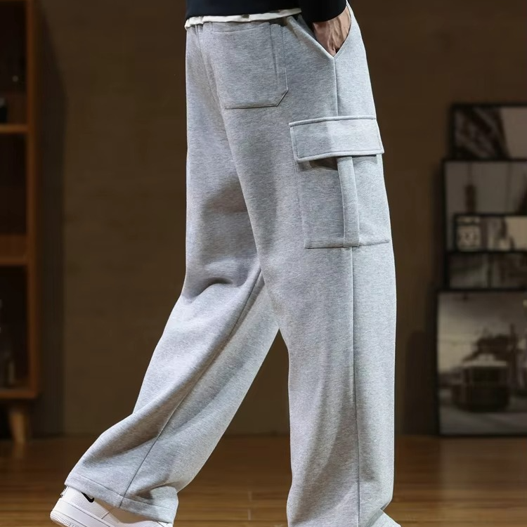 Men's cotton drawstring sweatpants loose straight fit multi-pocket casual gray loungewear up to 8XL