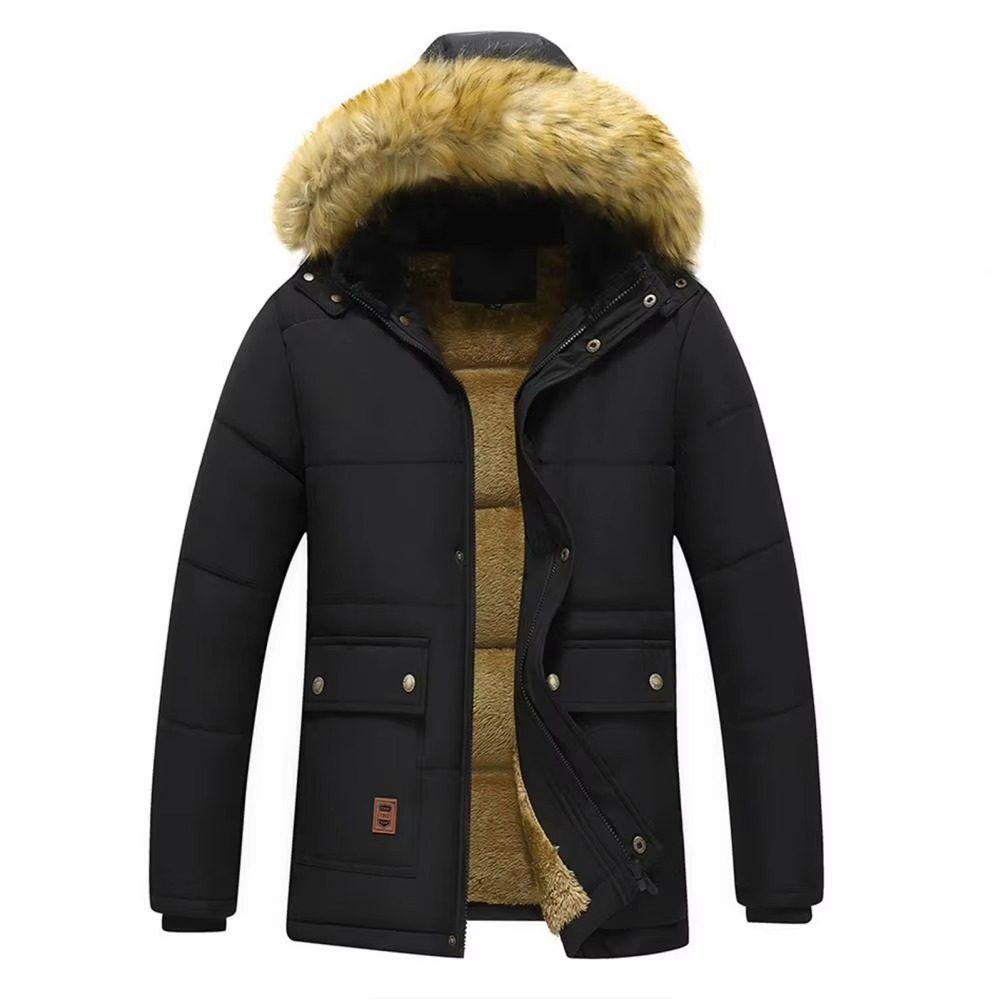 Men's insulated winter parka with fleece lining, fur-trimmed hood, rugged style, available up to 5XL