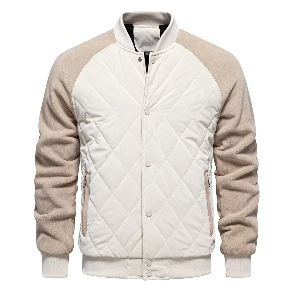 Black quilted bomber jacket with suede-texture sleeves, ribbed trim, and diamond-quilted front panel