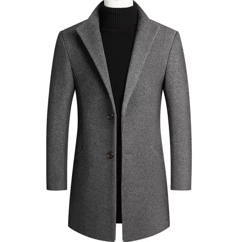 Burgundy wool blend men's trench coat with refined tailoring and thickened fabric for cold weather
