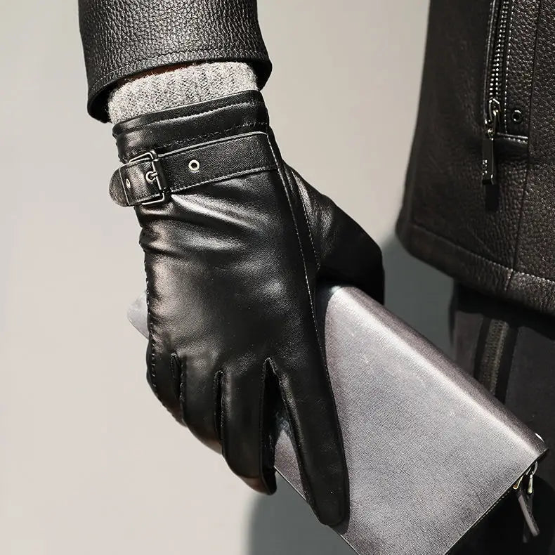 Women's black faux leather fitted wrist gloves with adjustable buckle strap for refined winter style
