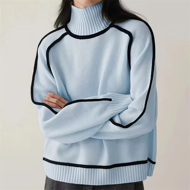 Women's striped turtleneck knit sweater loose fit long sleeve pullover cozy warm casual style