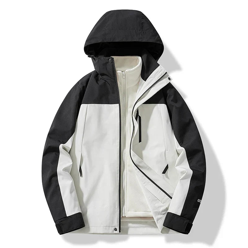 Men's navy hooded insulated ski jacket with full-length zip-up closure and modern slim silhouette