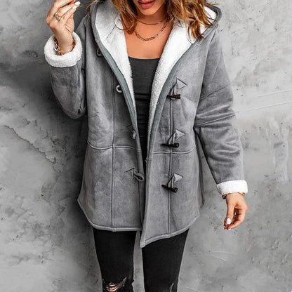 Clovain hooded fleece coat with toggle closures, warm winter style in neutral tone