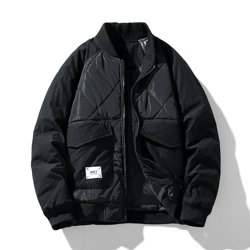 Black quilted padded cargo bomber jacket with ribbed cuffs and utility pockets
