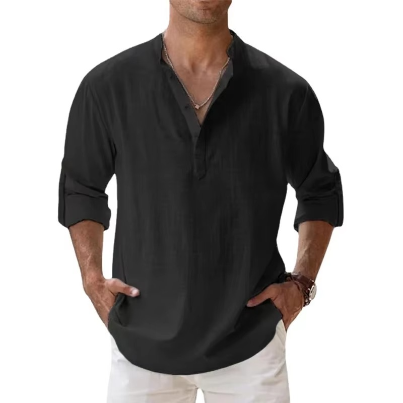 Men's beige cotton-linen Henley shirt, long sleeve casual summer fit with three-button placket