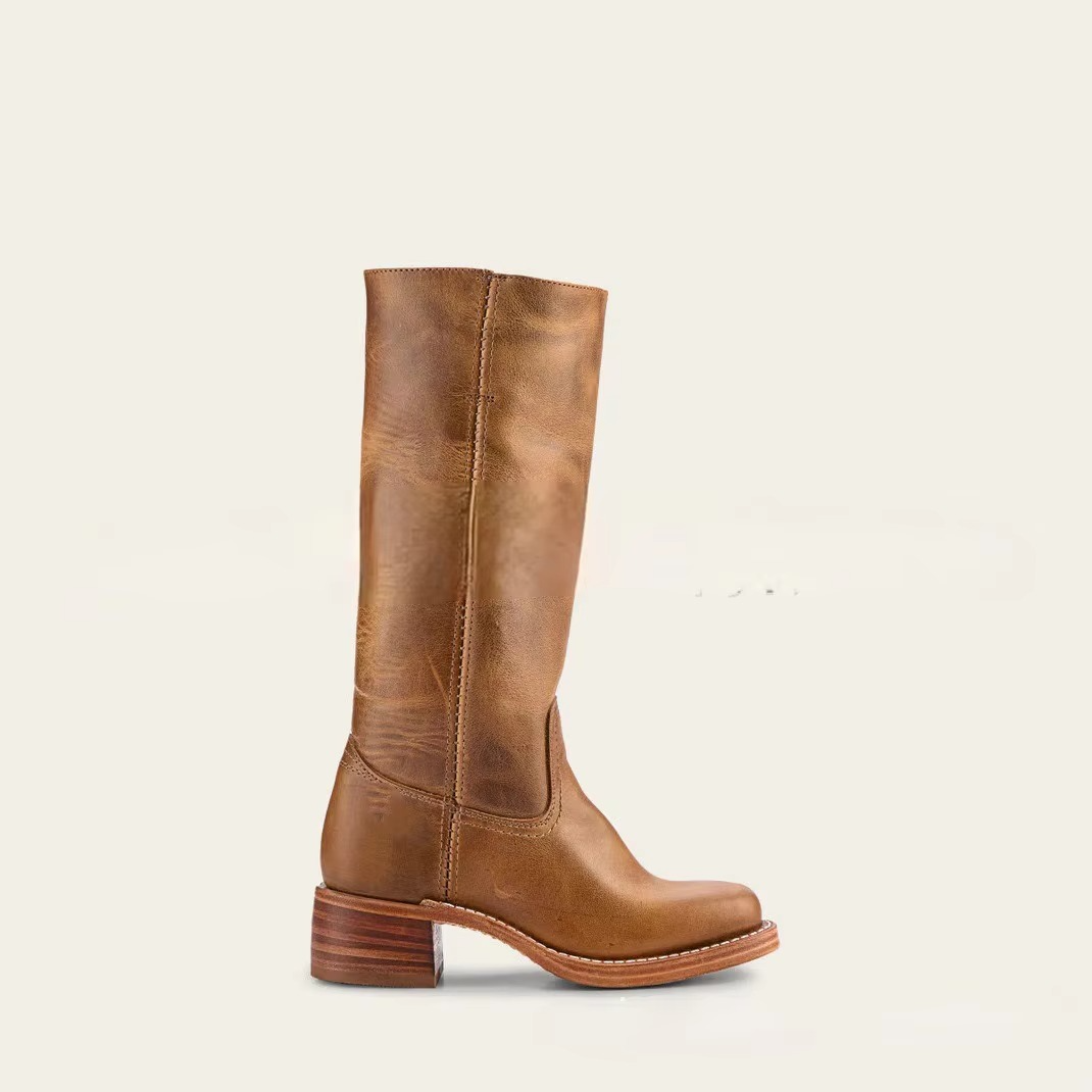 Women's black wide-calf knee-high boots with retro square heel and Western-inspired silhouette