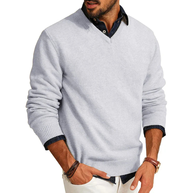 Men's light gray wool blend crewneck sweater lightweight knit versatile casual professional wear