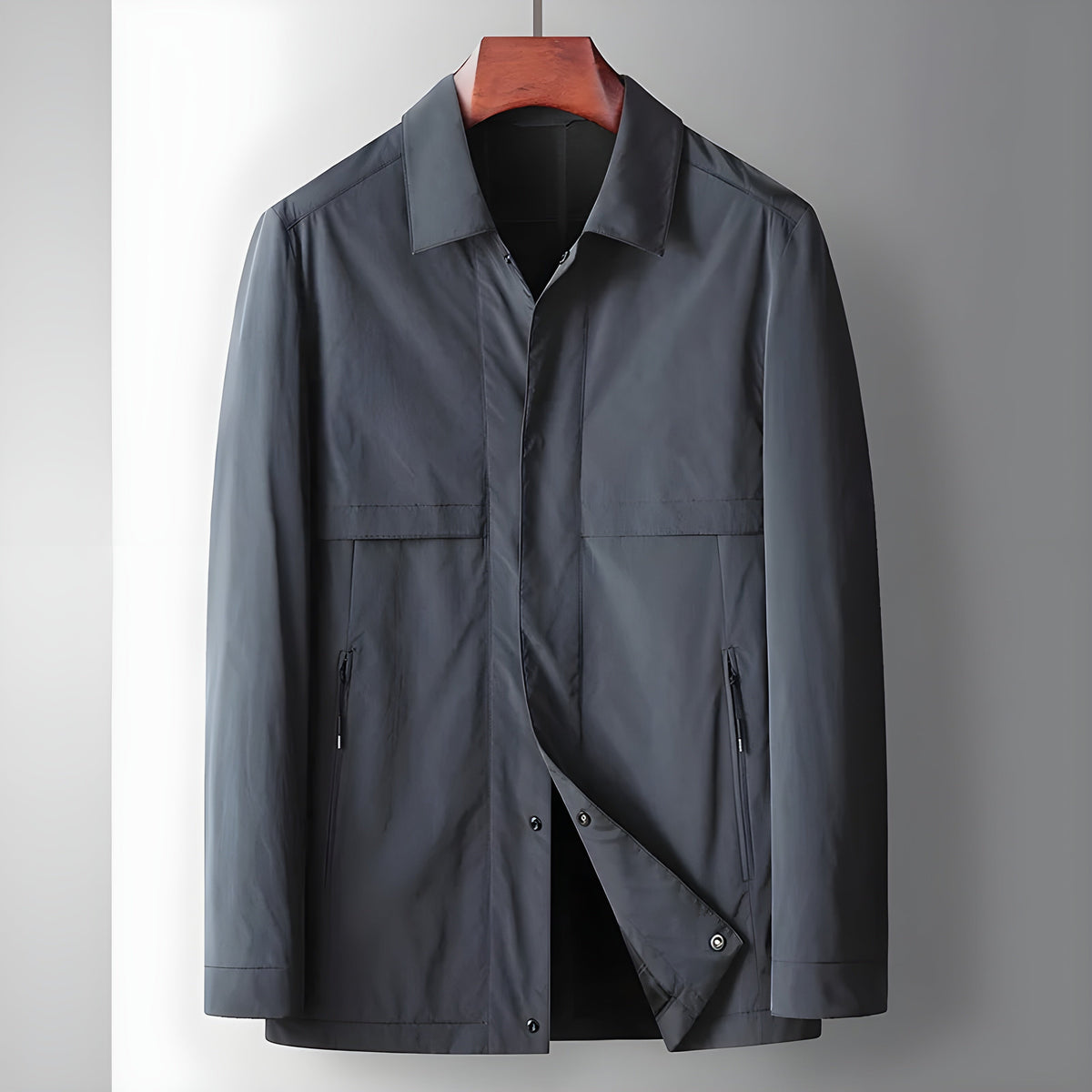 Albury lightweight windbreaker jacket classic relaxed fit concealed snap closure solid color
