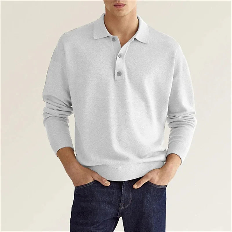 Men's ivory wool-cotton blend polo shirt classic lapel collar soft breathable refined texture