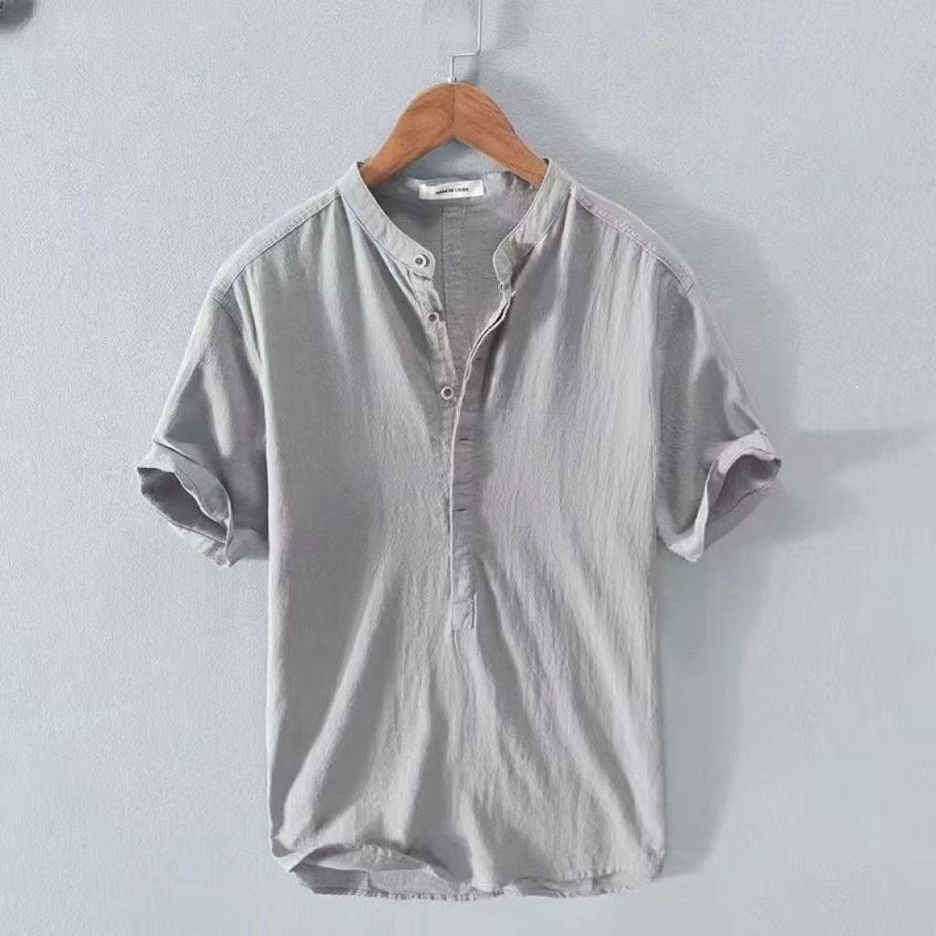 Men's beige cotton-linen short sleeve shirt casual relaxed fit turn-down collar breathable summer beach
