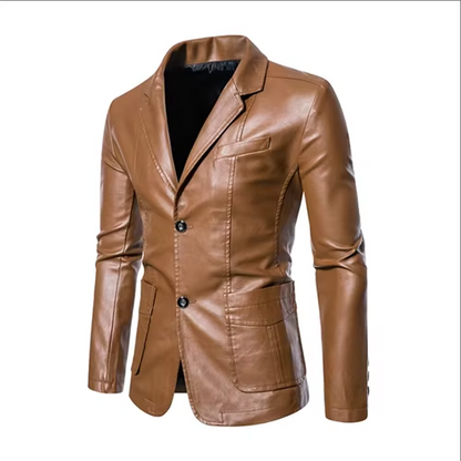 Men's black slim fit premium leather jacket with sleek suit collar for business casual style