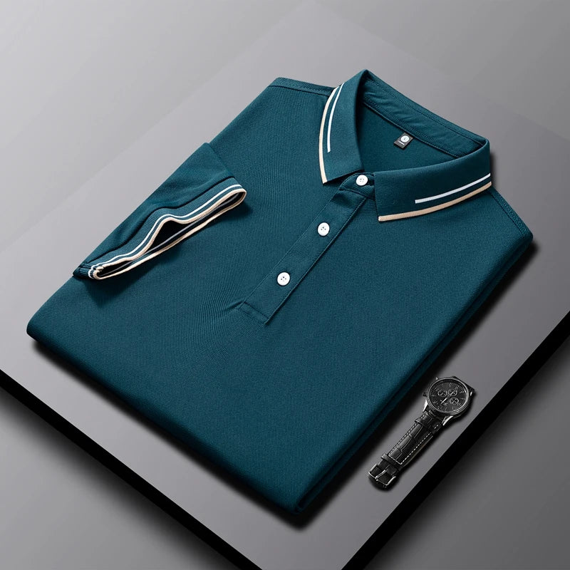 AeroKnit tailored polo in classic tones, slim fit with contrast collar and cuffs, breathable stretch knit