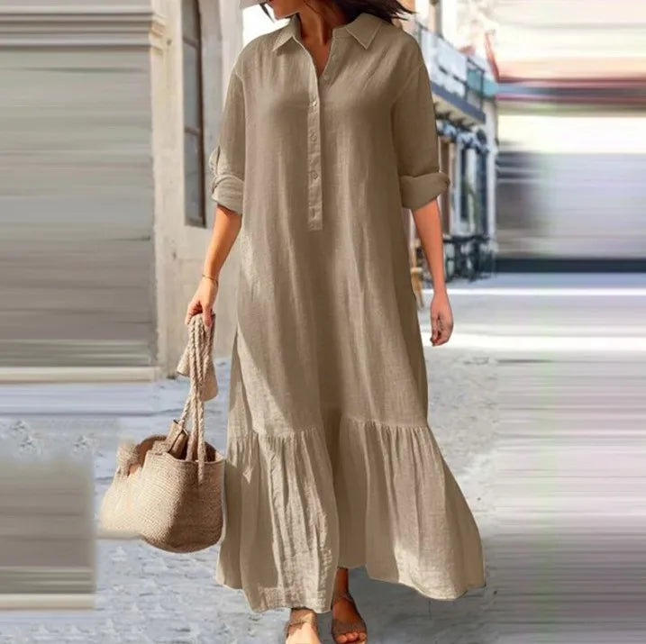 Tiered shirt maxi dress in breathable cotton, relaxed ankle-length silhouette with layered ruffle detail