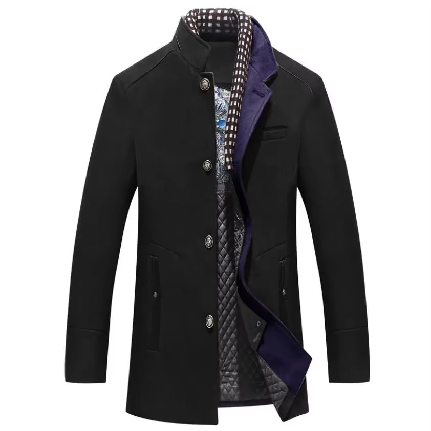 Men's charcoal wool blend overcoat with scarf collar, tailored fall winter silhouette