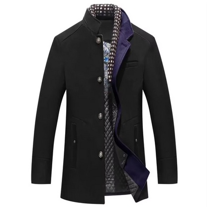 Men's charcoal wool blend overcoat with scarf collar, tailored fall winter silhouette