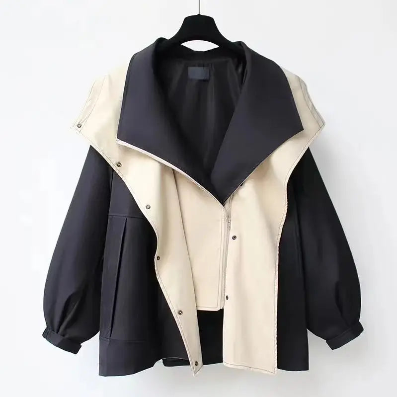 Two-tone layered panel windbreaker with oversized lapel collar and snap button relaxed fit