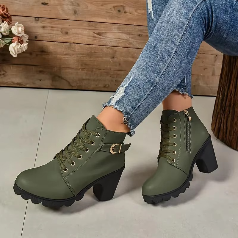 Women's lace-up high heel boots in sleek PU leather with anti-slip soles, fall winter style