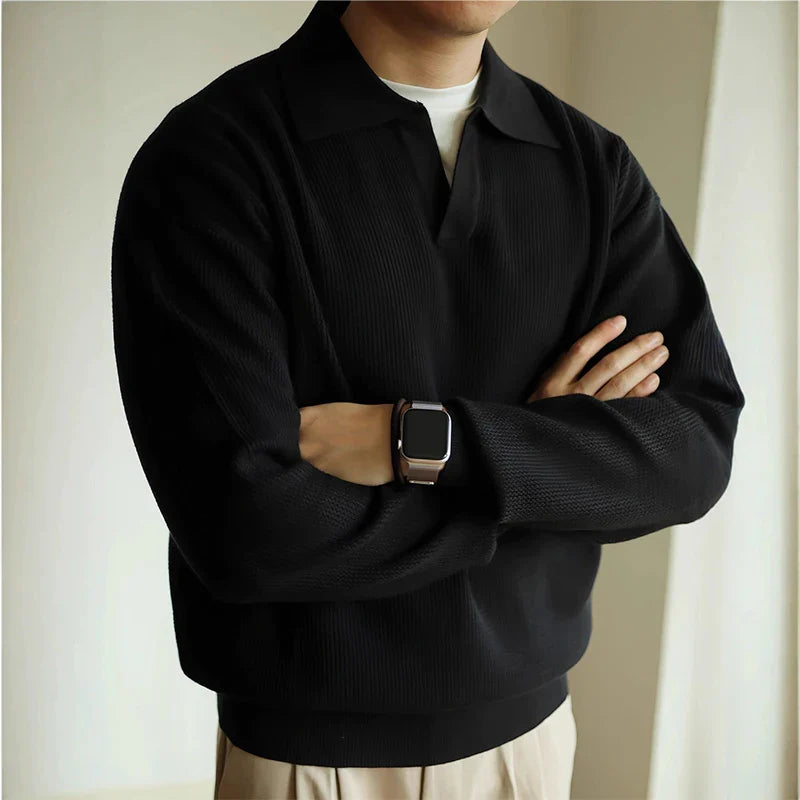 Men's fine-gauge knit polo shirt open V-collar lightweight breathable top in neutral tone