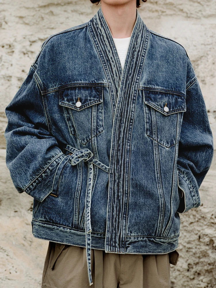 Men's washed denim jacket wrap-front silhouette with adjustable lace-up waist streetwear style