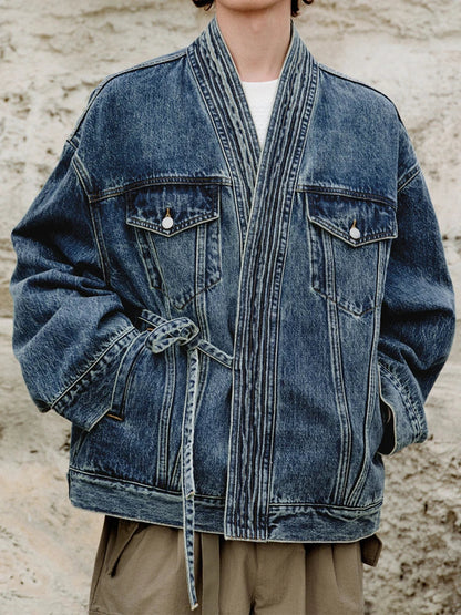 Men's washed denim jacket wrap-front silhouette with adjustable lace-up waist streetwear style
