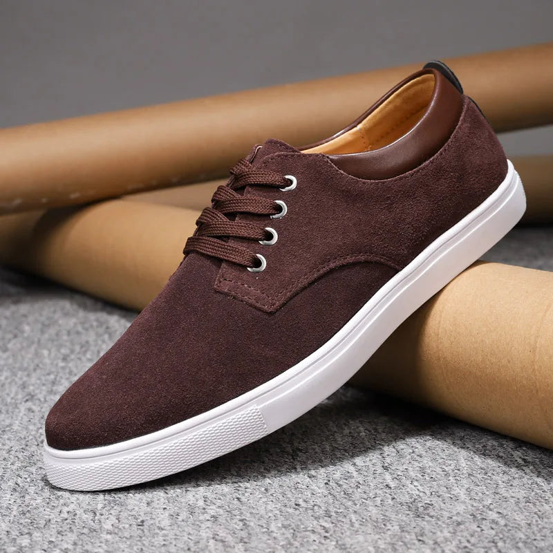 Men's brown suede casual dress shoes with plush sheepskin insole, soft flexible upper, all-day comfort