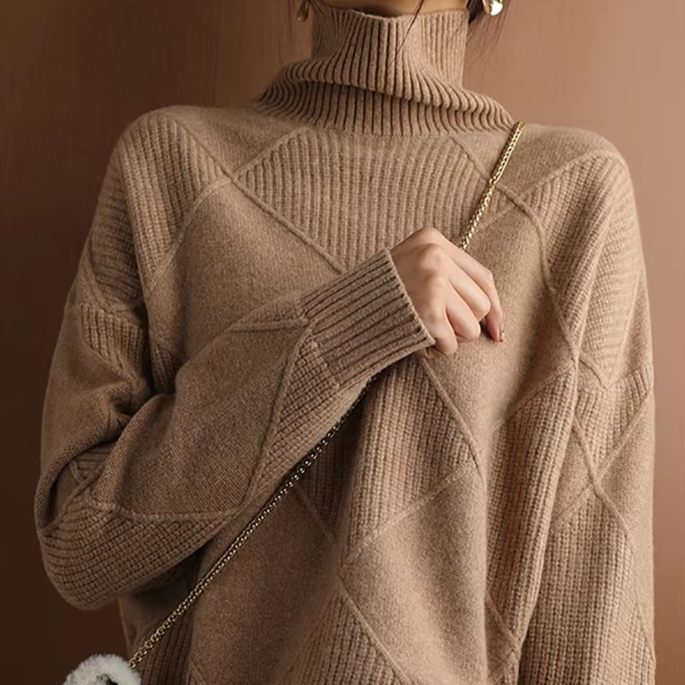 Women's oversized turtleneck knit sweater cozy pullover with soft drape for effortless layering