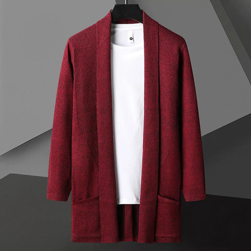 Men's long drape open-front cardigan in matte cotton linen blend with hidden pockets