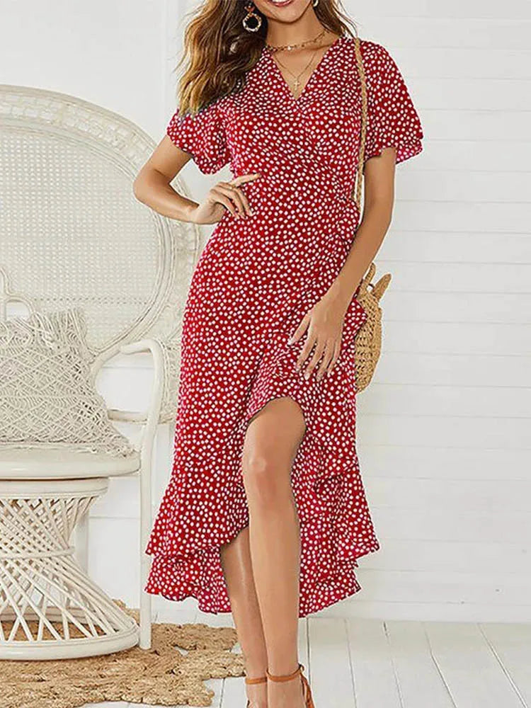 Floral maxi summer dress for women with V-neckline, ruffle accents, and elegant side slit