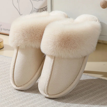 Women's plush fur indoor slippers with fluffy exterior and ultra-soft cozy lining for winter warmth