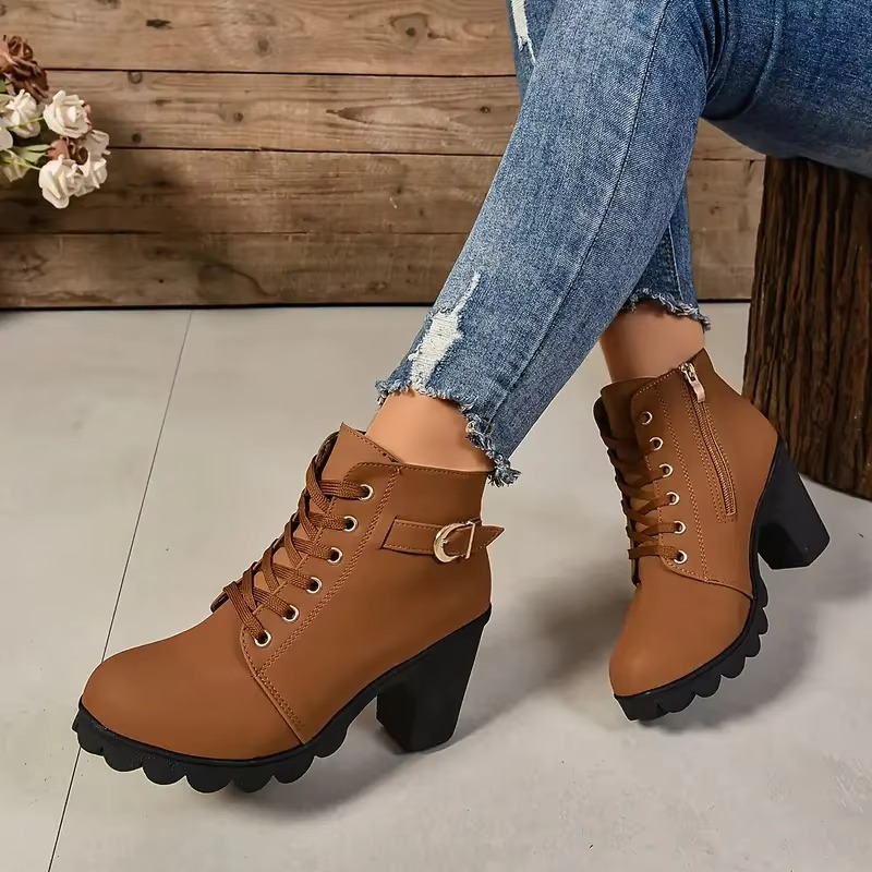 Women's black lace-up high heel boots with sleek PU upper and anti-slip soles for fall winter