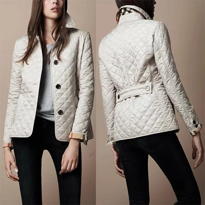 Women's slim quilted winter coat with lapel collar, tailored silhouette, and side pockets