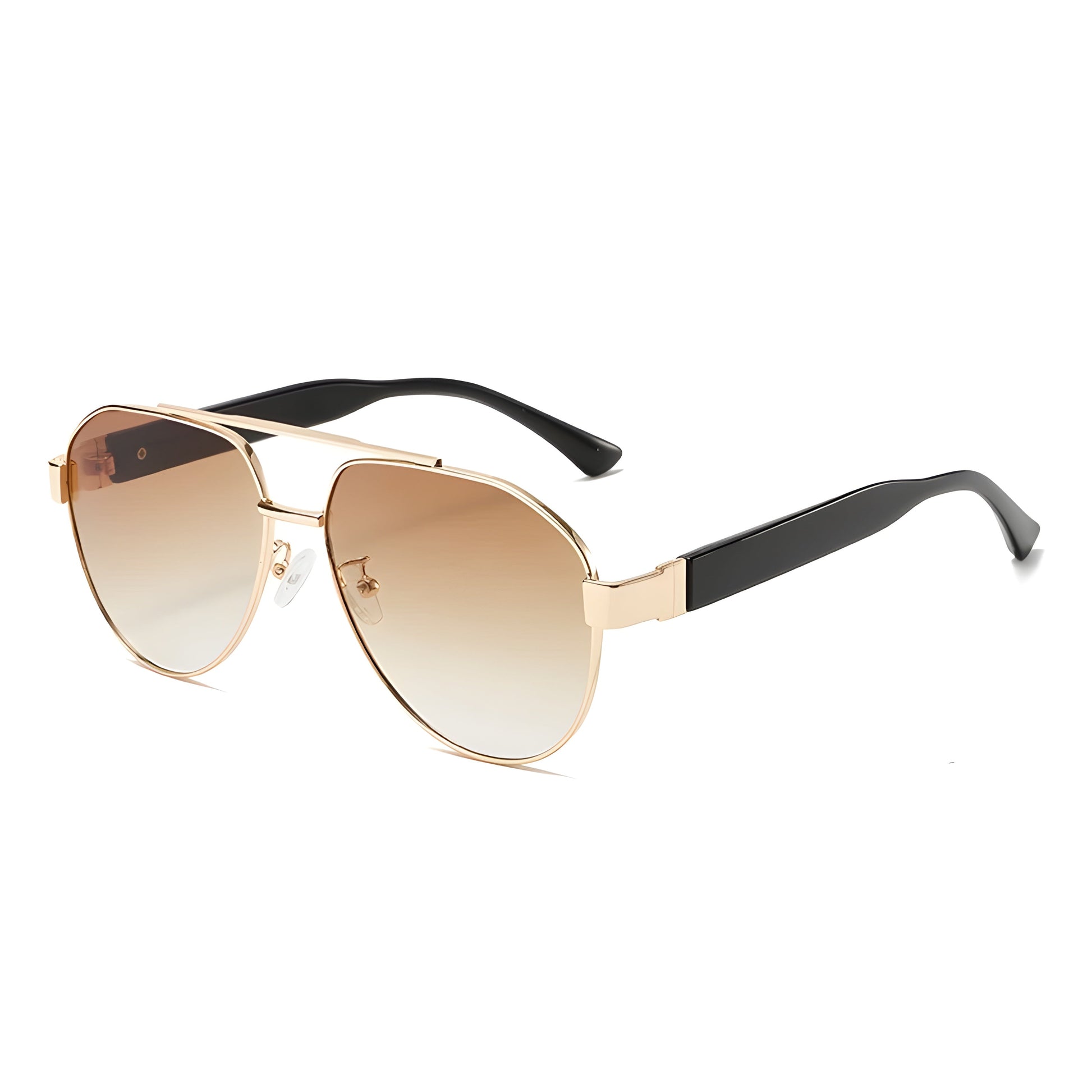 Gold-plated double-bridge aviator sunglasses with gradient tinted teardrop lenses and black tapered temples