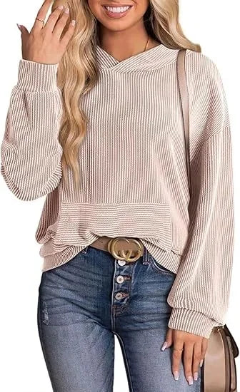 Women's light gray relaxed-fit casual hoodie with round neck and long sleeves, lightweight breathable fabric