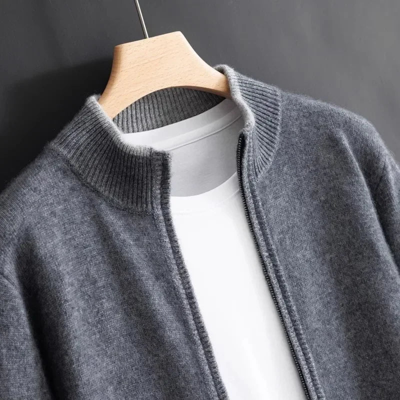 Men's wool blend mock neck zip-up knit jacket regular fit with ribbed trim in neutral tone