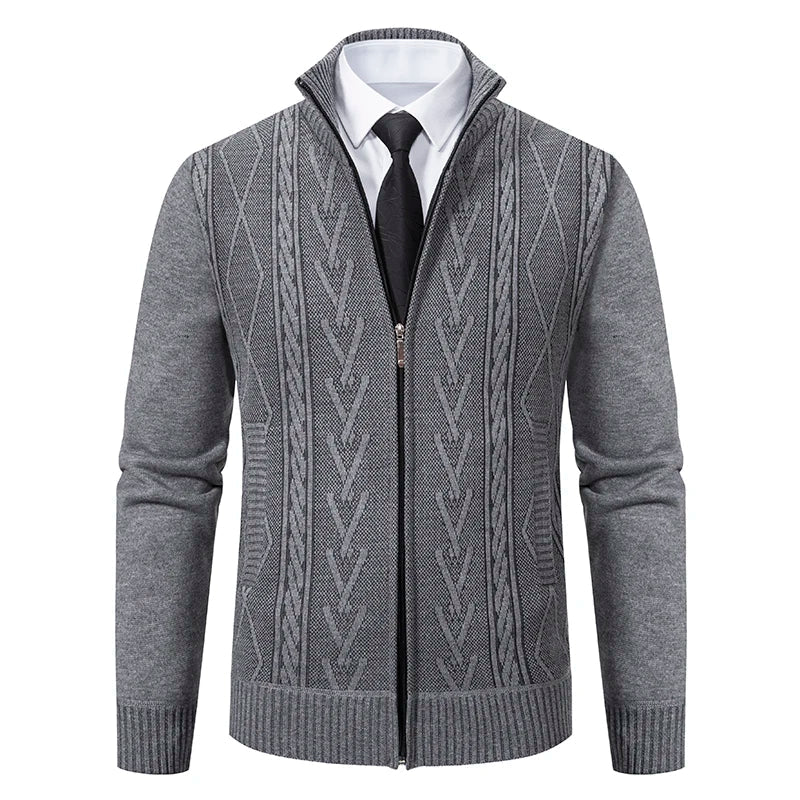 Men's slim fit wool cable knit cardigan sweater full zip stand collar layering essential