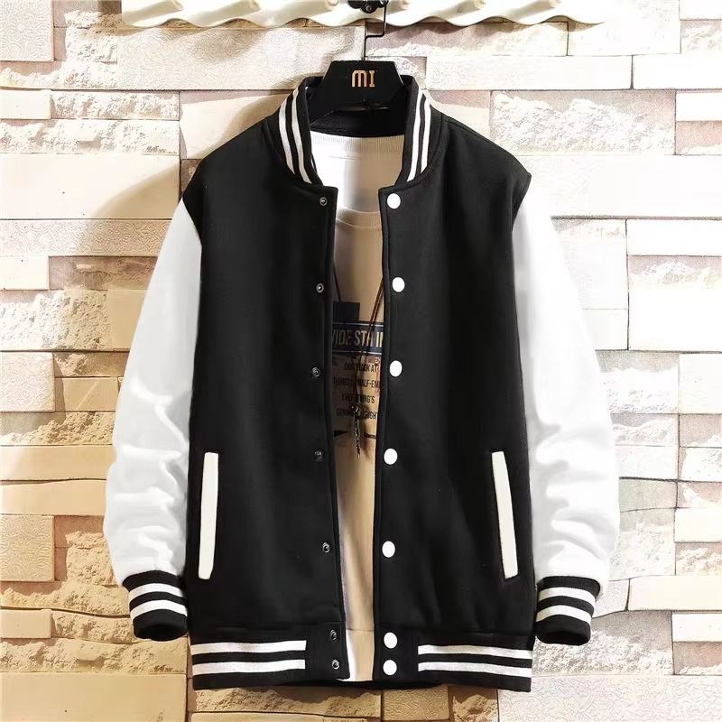 Black gray white unisex oversized fleece baseball jacket streetwear with premium soft interior lining