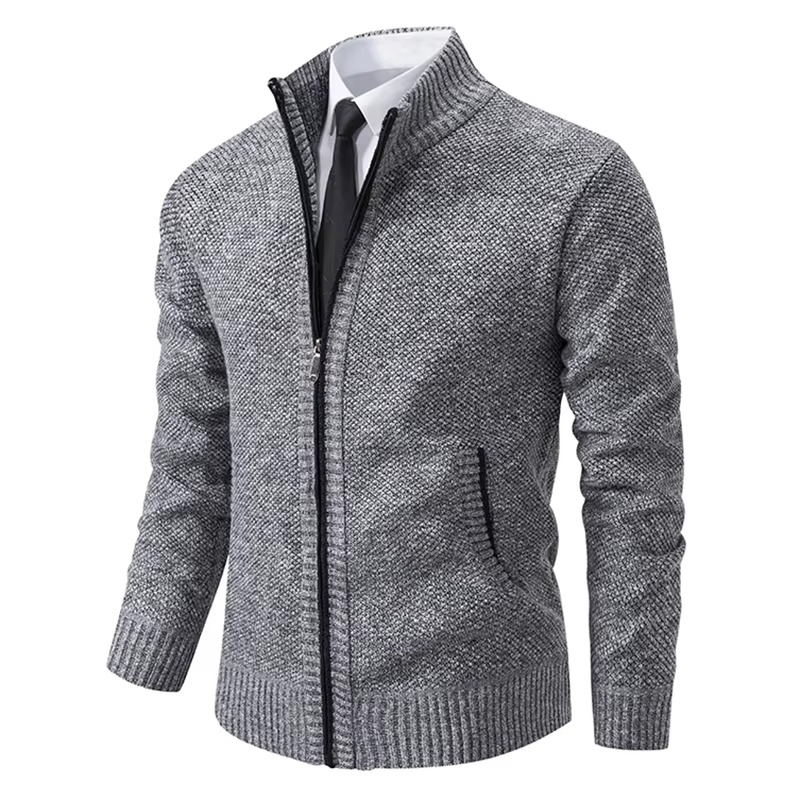 Men's fleece lined stand collar zip cardigan warm casual jacket for fall and winter