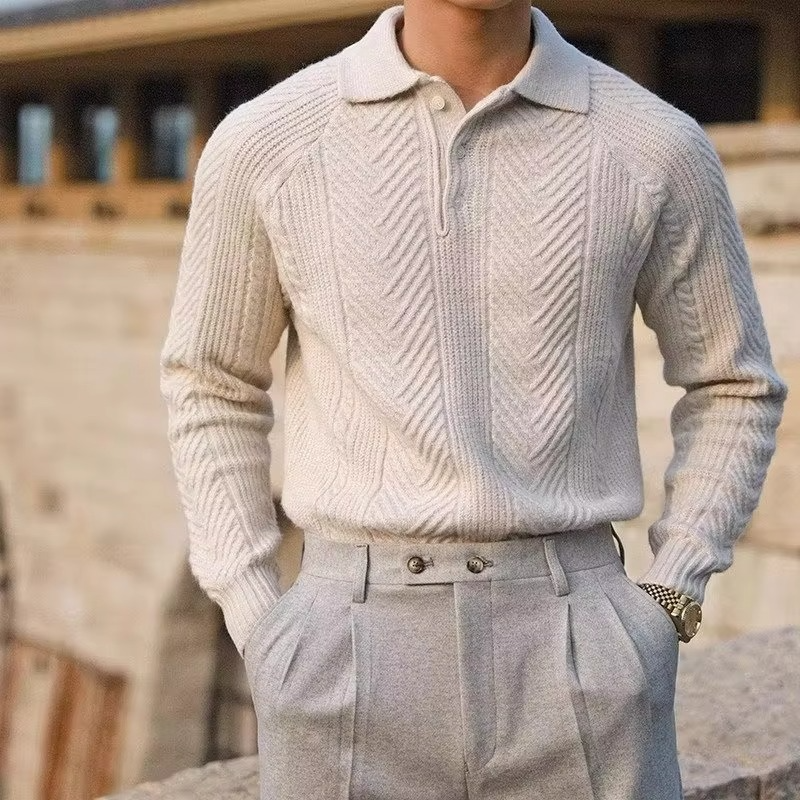 Men's vintage knitted polo sweater long sleeve button lapel jumper for fall winter layering