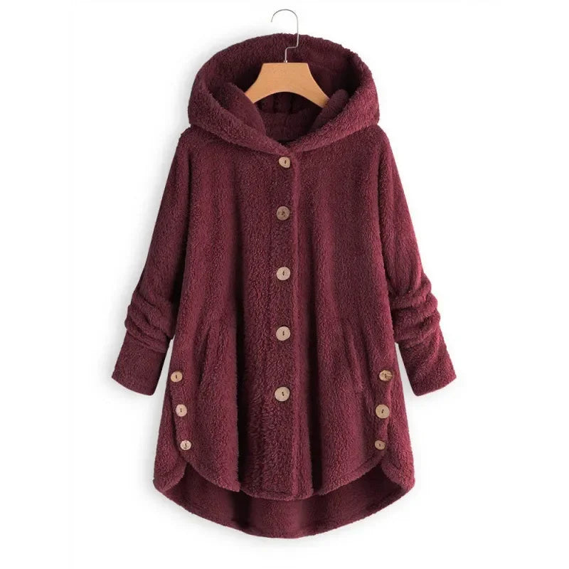 Women's cozy hooded fleece jacket relaxed fit plush texture button front in neutral tone