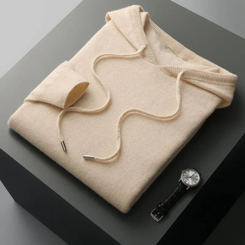 Men's gray cashmere hoodie classic fit soft knitted fabric ribbed cuffs luxury knitwear