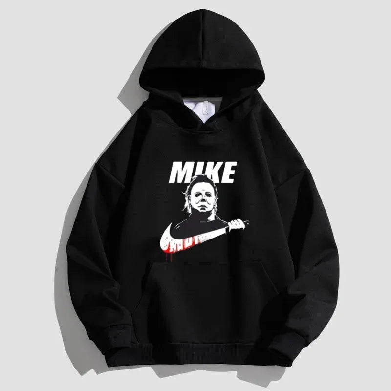 Men's gray relaxed-fit premium fleece hoodie with bold Mike graphic print and oversized silhouette