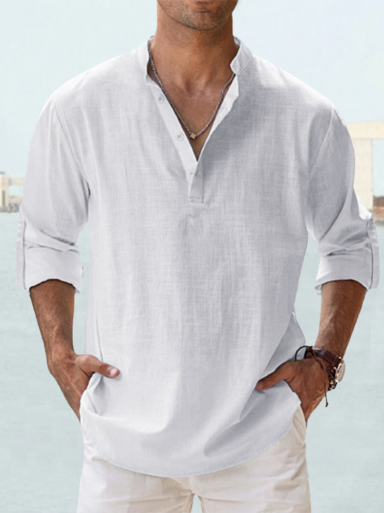 Men's relaxed fit grandad collar long sleeve shirt in sustainable lightweight fabric