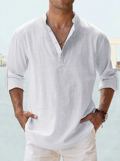 Men's relaxed fit linen shirt mandarin collar long sleeve breathable casual top lightweight